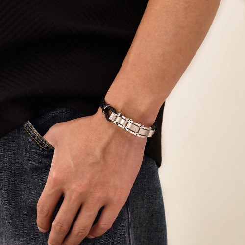 Wholesale Stainless Steel Double Braided Leather Bracelet