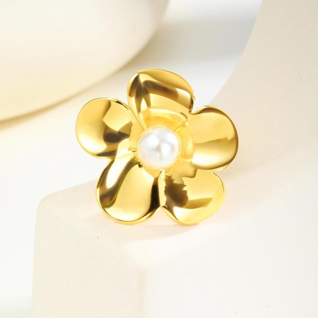 Wholesale Stainless Steel Imitation Pearl Flower Ring