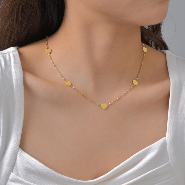 Wholesale Stainless Steel Heart Blue Bead Necklace