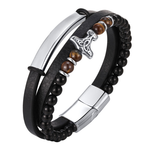 Wholesale Stainless Steel Viking Tiger Eye Leather Bracelet