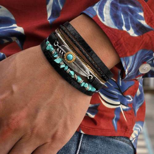 Wholesale Alloy Feather PU Leather Boho Bracelet