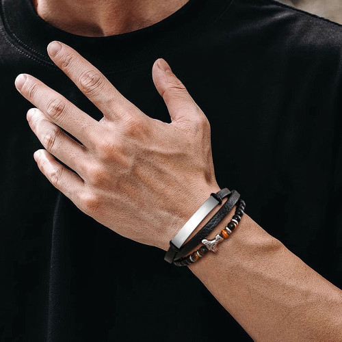 Wholesale Stainless Steel Viking Tiger Eye Leather Bracelet