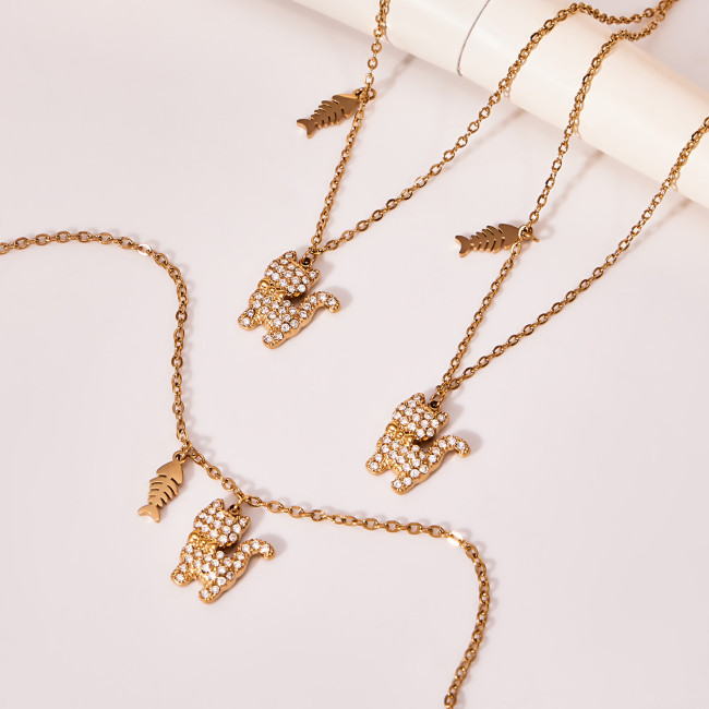 Wholesale Stainless Steel Kitten Fishbone Necklace Bracelet