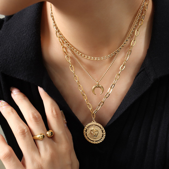 Wholesale Stainless Steel Layered Lion Coin Necklace Set