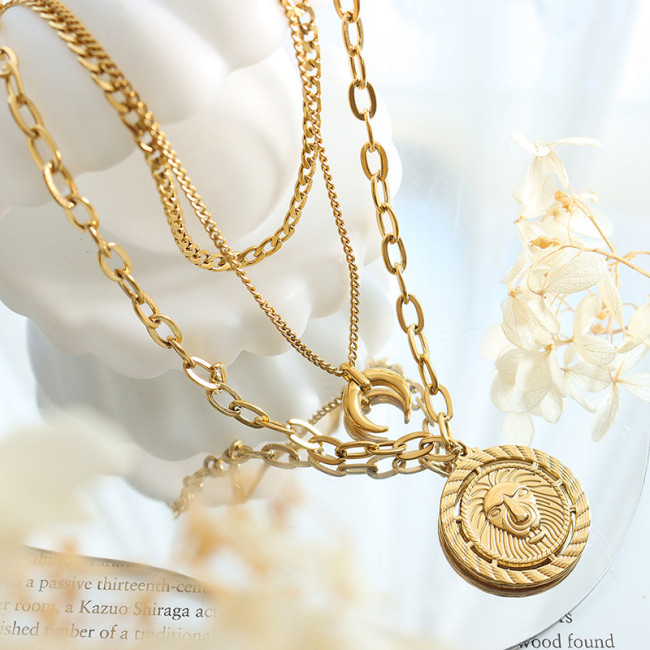 Wholesale Stainless Steel Layered Lion Coin Necklace Set