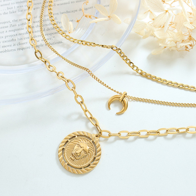 Wholesale Stainless Steel Layered Lion Coin Necklace Set