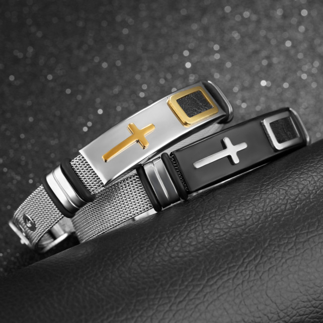 Wholesale Mens Stainless Steel 10MM Mesh Bracelet with Cross