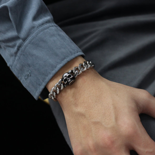 Wholesale Steel Men's Skull Cuban Chain Bracelet