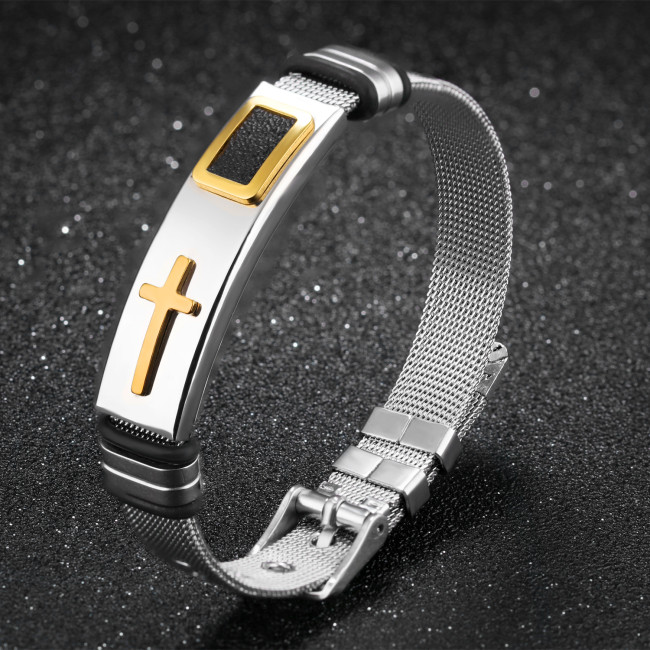 Wholesale Mens Stainless Steel 10MM Mesh Bracelet with Cross