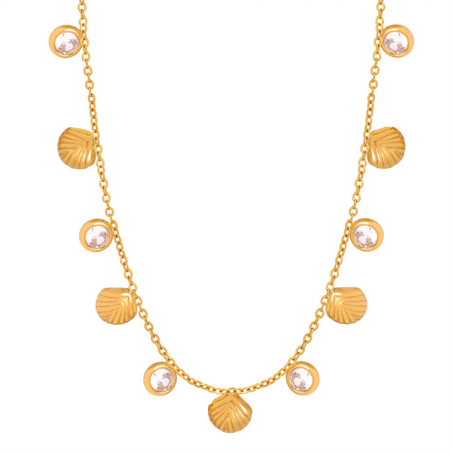 Wholesale Stainless Steel Shell and CZ Station Necklace