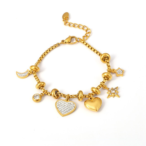 Wholesale Stainless Steel Charm Bracelet: Heart, Moon & Star