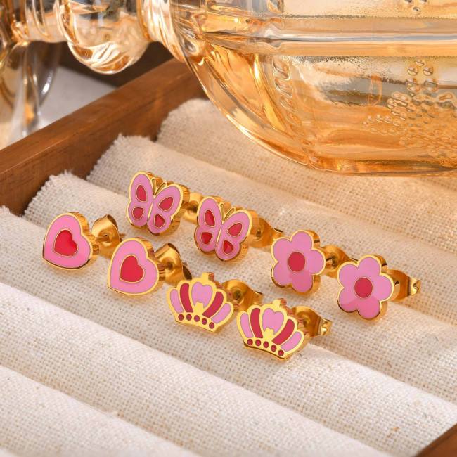 Wholesale Stainless Steel Cute Pink Enamel Stud Earrings Set