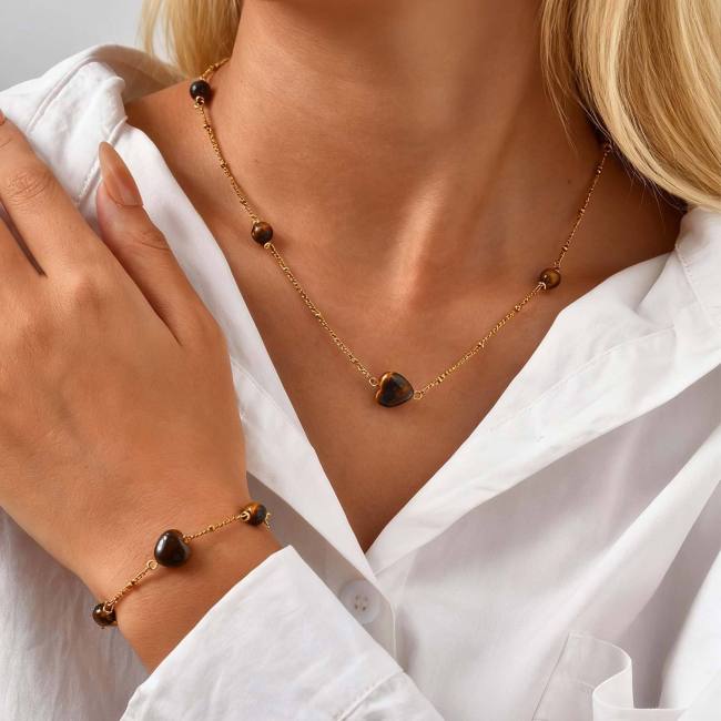 Wholesale Stainless Steel Tiger Eye Heart Necklace & Bracelet Set