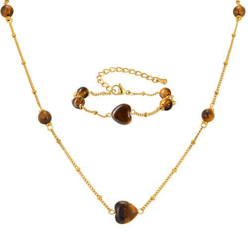Wholesale Stainless Steel Tiger Eye Heart Necklace & Bracelet Set