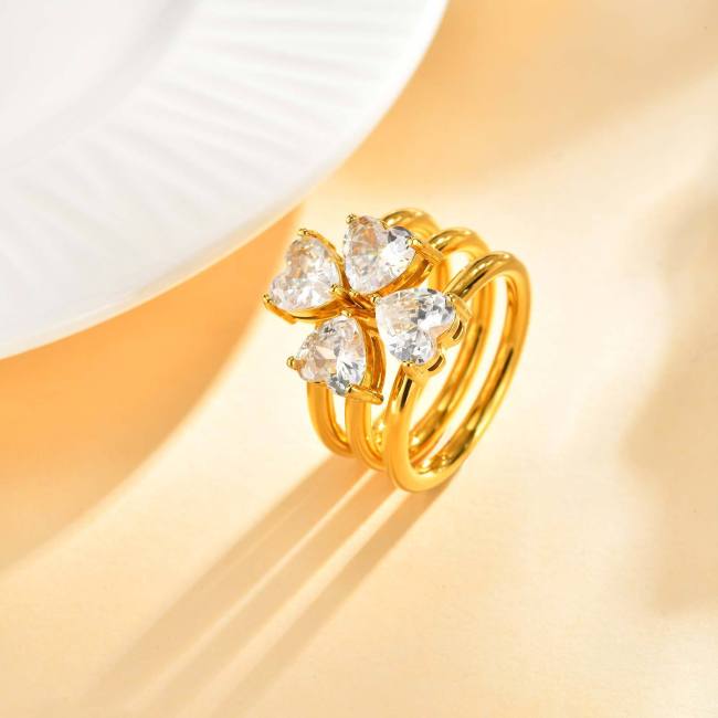 Gold Plated Heart CZ Clover Ring Wholesale