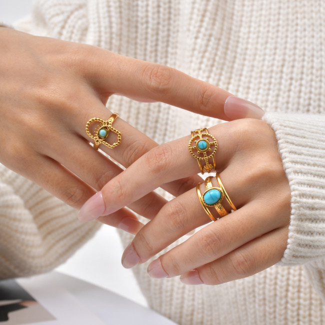 Wholesale Bohemian Gold Stainless Steel Turquoise Ring Set