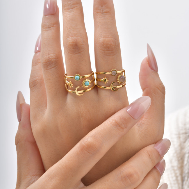 Wholesale Steel Multi-Layer Turquoise Sun Moon Open Ring