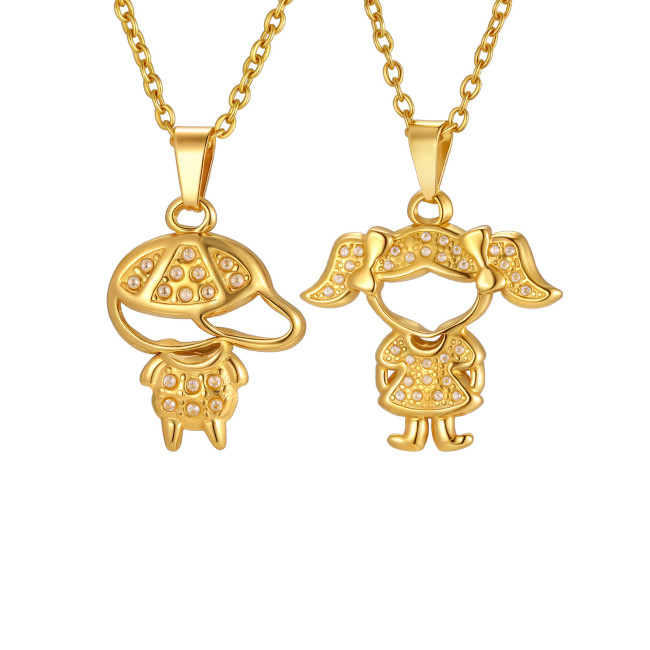 Wholesale Stainless Steel Cute Cartoon Boy & Girl Necklace
