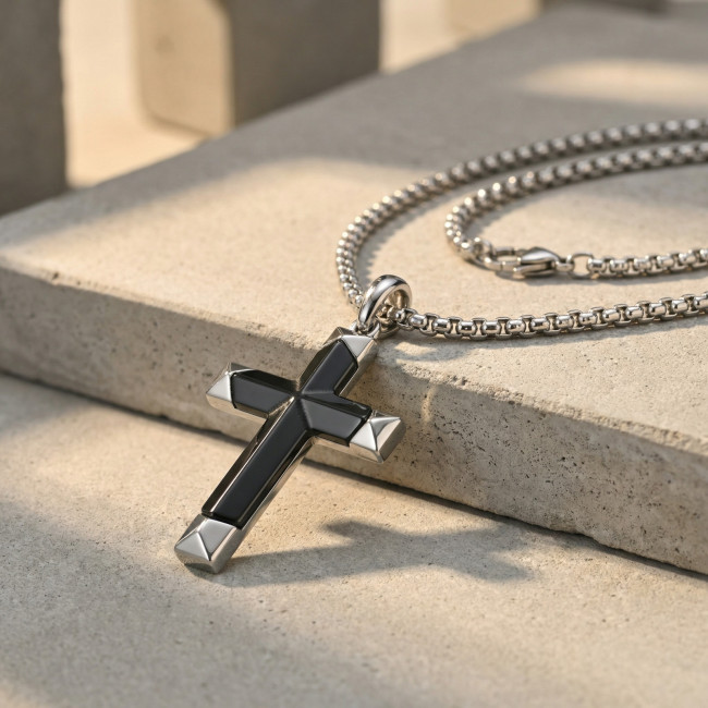 Wholesale Stainless Steel Black Onyx Cross Necklace