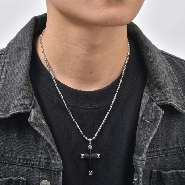 Wholesale Stainless Steel Black Onyx Cross Necklace