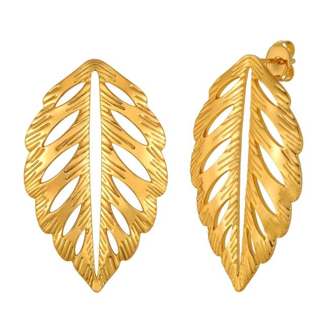 Wholesale 18K Gold Plated Stainless Steel Hollow Leaf Stud Earrings