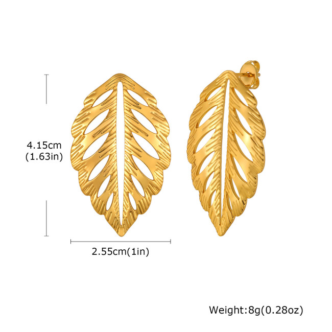 Wholesale 18K Gold Plated Stainless Steel Hollow Leaf Stud Earrings