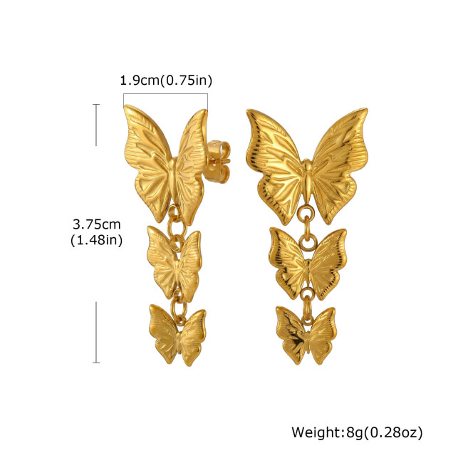 Wholesale 18K Gold Plated Triple Butterfly Dangle Earrings
