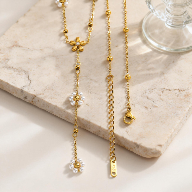 Wholesale Stainless Steel Pearl Flower Y-Necklace