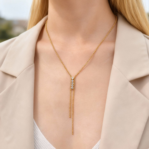 Wholesale 18K Gold Plated Ball Chain Y-Necklace with Zircon