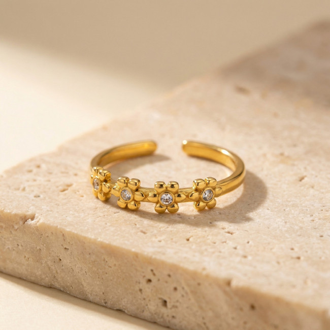 Wholesale Stainless Steel Five-Flower Zircon Open Ring