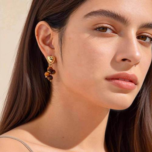 Wholesale Gold Plated Heart Tiger Eye Bead Drop Earrings