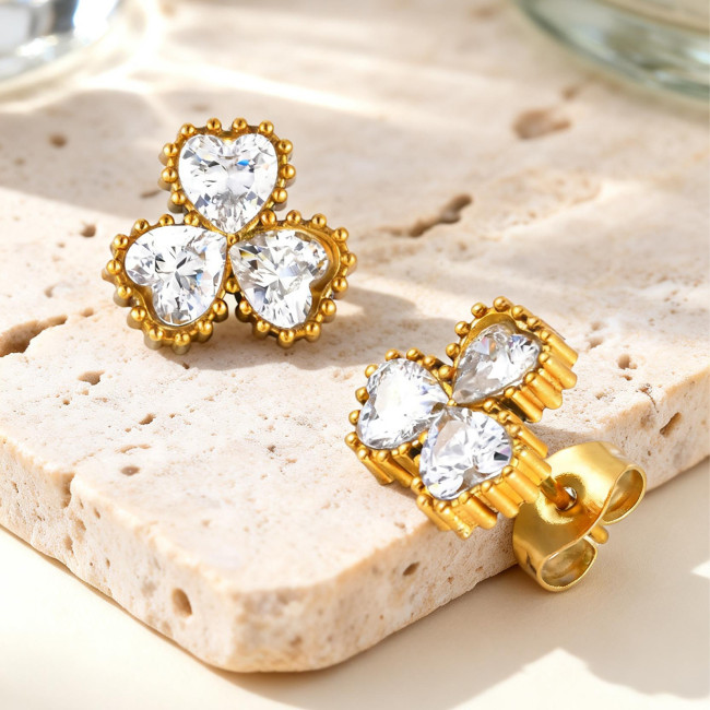 Wholesale Stainless Steel Three Heart Zircon Stud Earrings