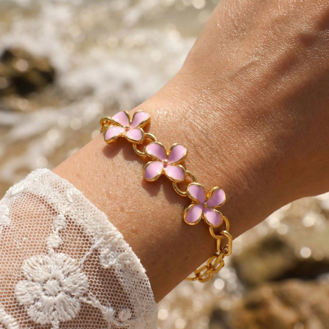 Wholesale Stainless Steel Pink Enamel Flowers Bracelet