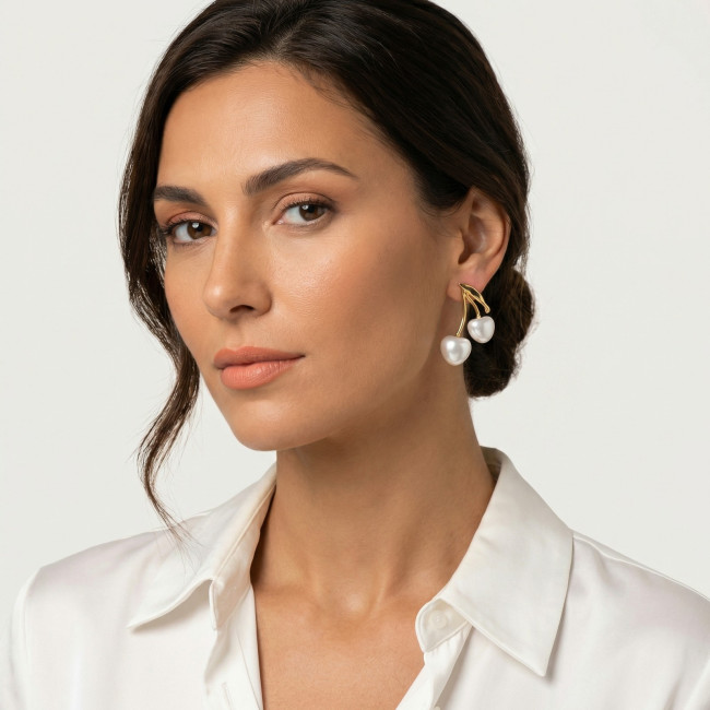 Wholesale Stainless Steel Pearl Cherry Drop Earrings