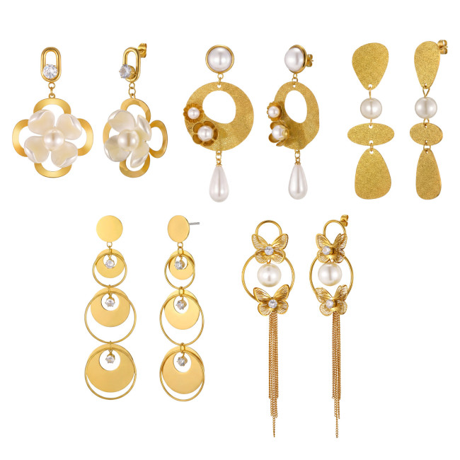 Wholesale Gold Plated Pearl & Flower Statement Dangle Earrings