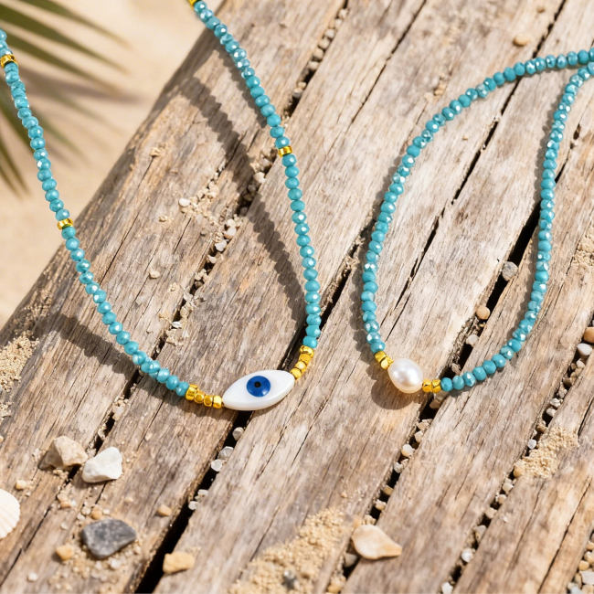 Wholesale Sky Blue Beaded Evil Eye Necklace