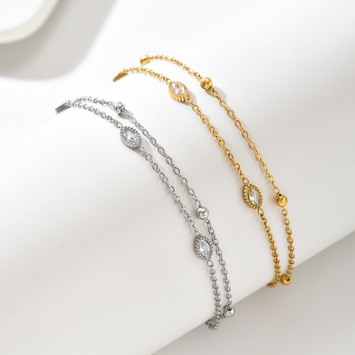 Wholesale Stainless Steel Double Layer Marquise Zircon Bracelet