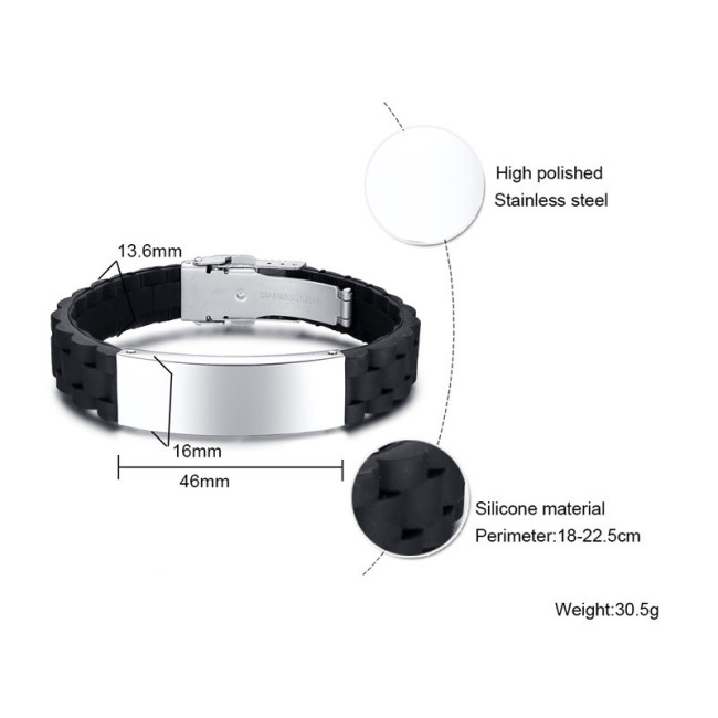Wholesale Engravable Stainless Steel ID Black Silicone Bracelet