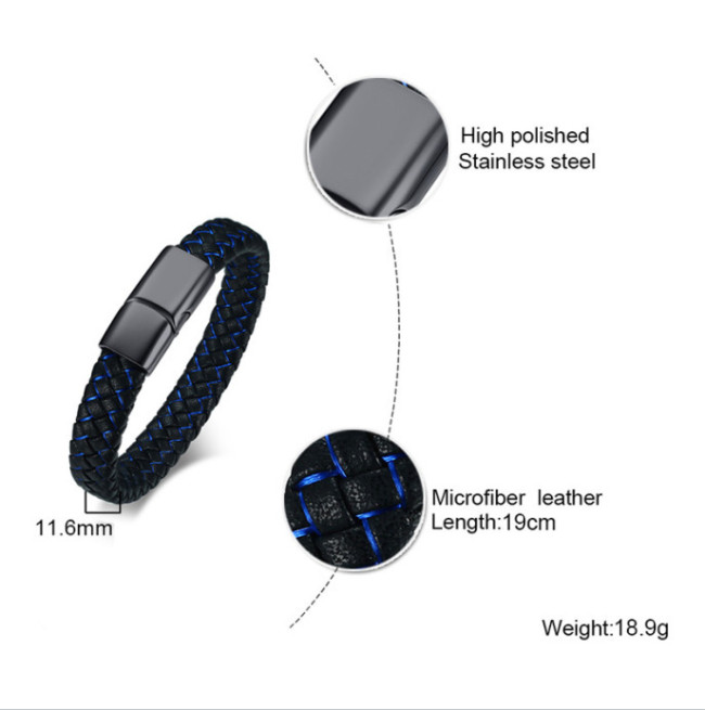 Wholesale Stainless Steel Blue Black Leather Bracelet