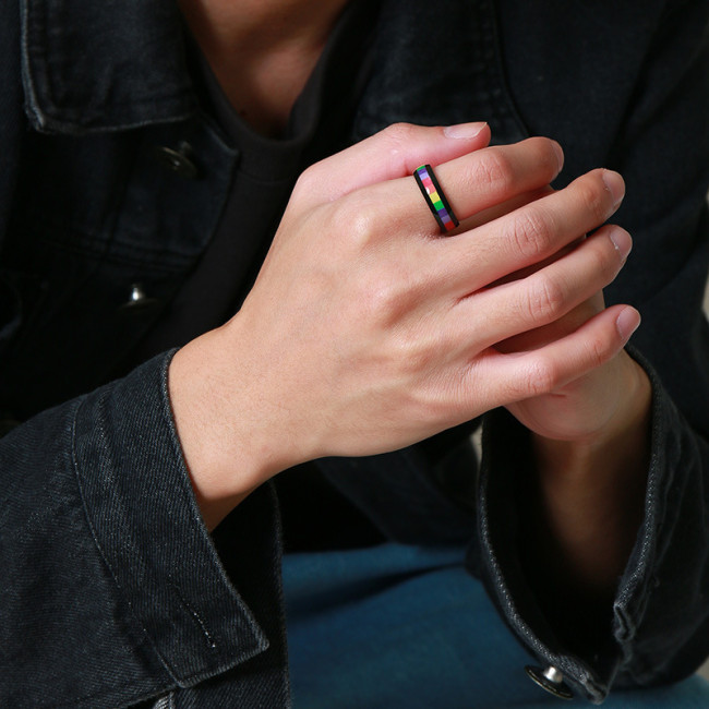 Wholesale Stainless Steel Rainbow Flag Band Ring