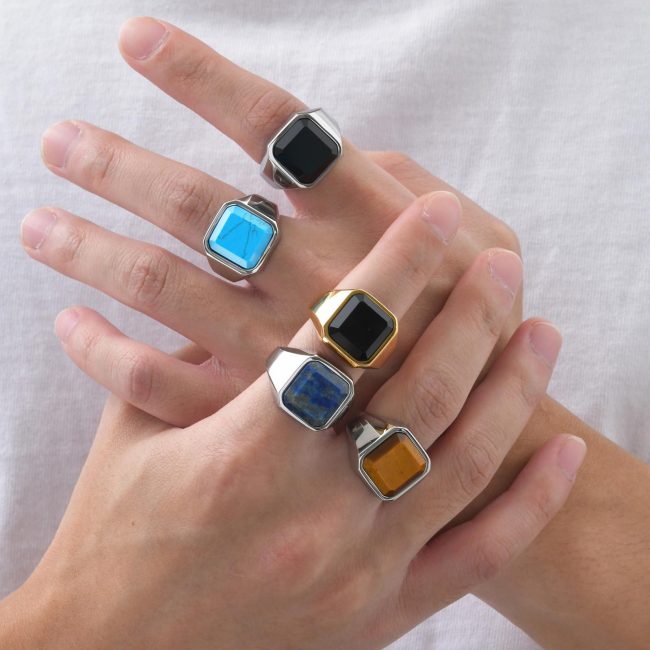 Wholesale Stainless Steel Mens Black Agate Ring