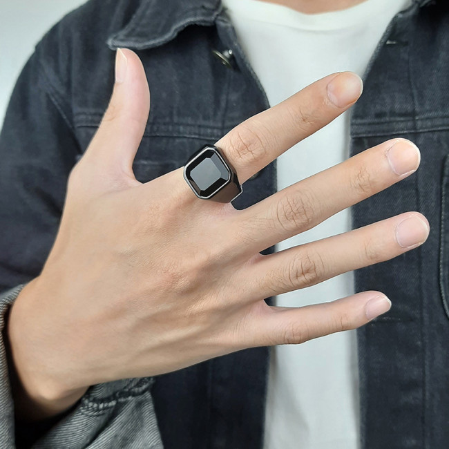 Wholesale Stainless Steel Mens Black Agate Ring