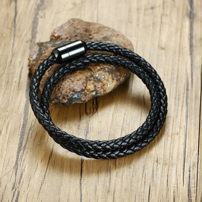 Wholesale Stainless Steel Magnetic Buckle Handmade Braided Black Leather Bracelet