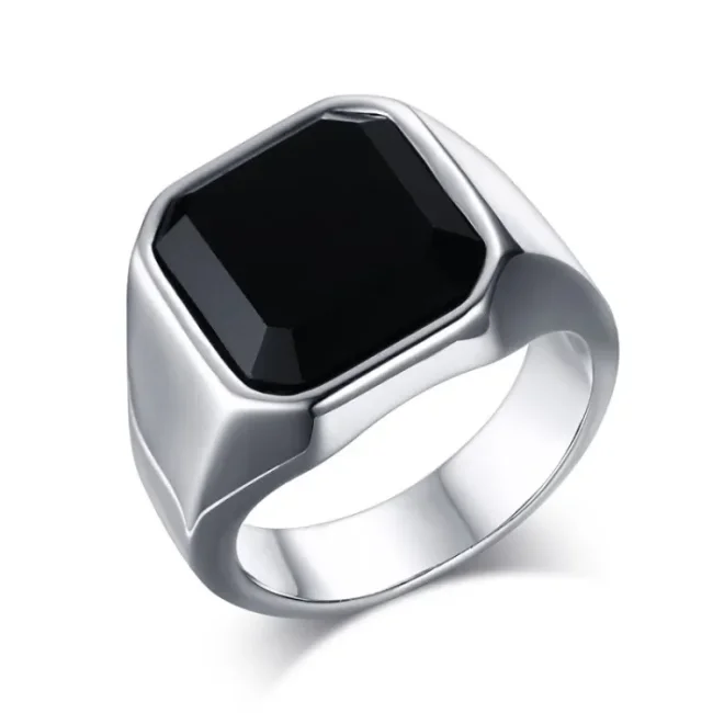 Wholesale Stainless Steel Mens Black Agate Ring