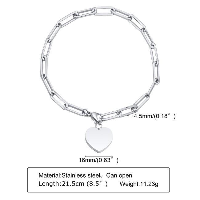 Wholesale Stainless Steel Heart Urn Paperclip Bracelet