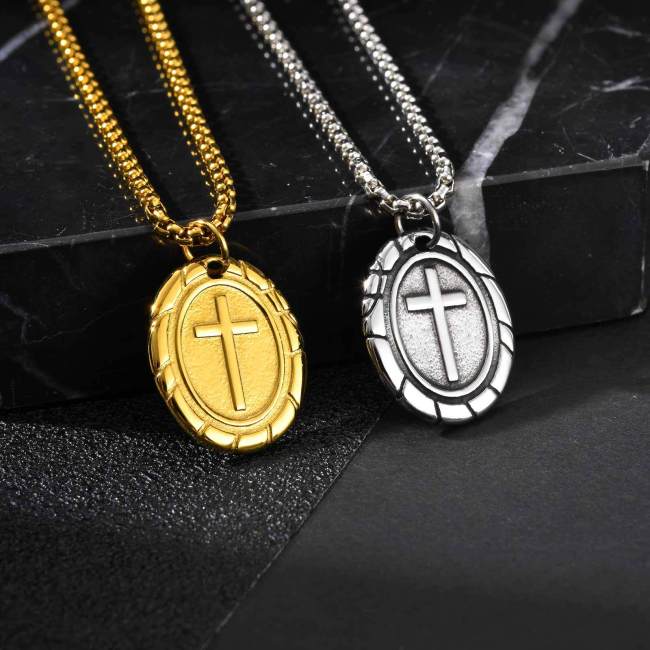 Wholesale Stainless Steel Inlaid Cross Oval Pendant