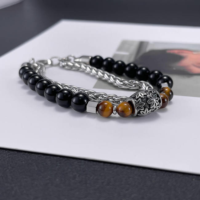 Wholesale Stainless Steel Onyx and Tiger Eye Stone Bracelet
