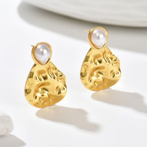 Wholesale Stainless Steel Hammered Pearl Drop Earrings