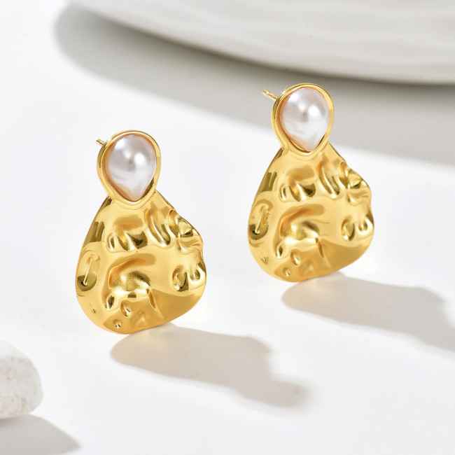 Wholesale Stainless Steel Hammered Pearl Drop Earrings