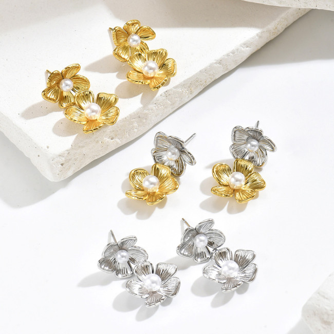 Wholesale Stainless Steel Double Flower Stud Earrings